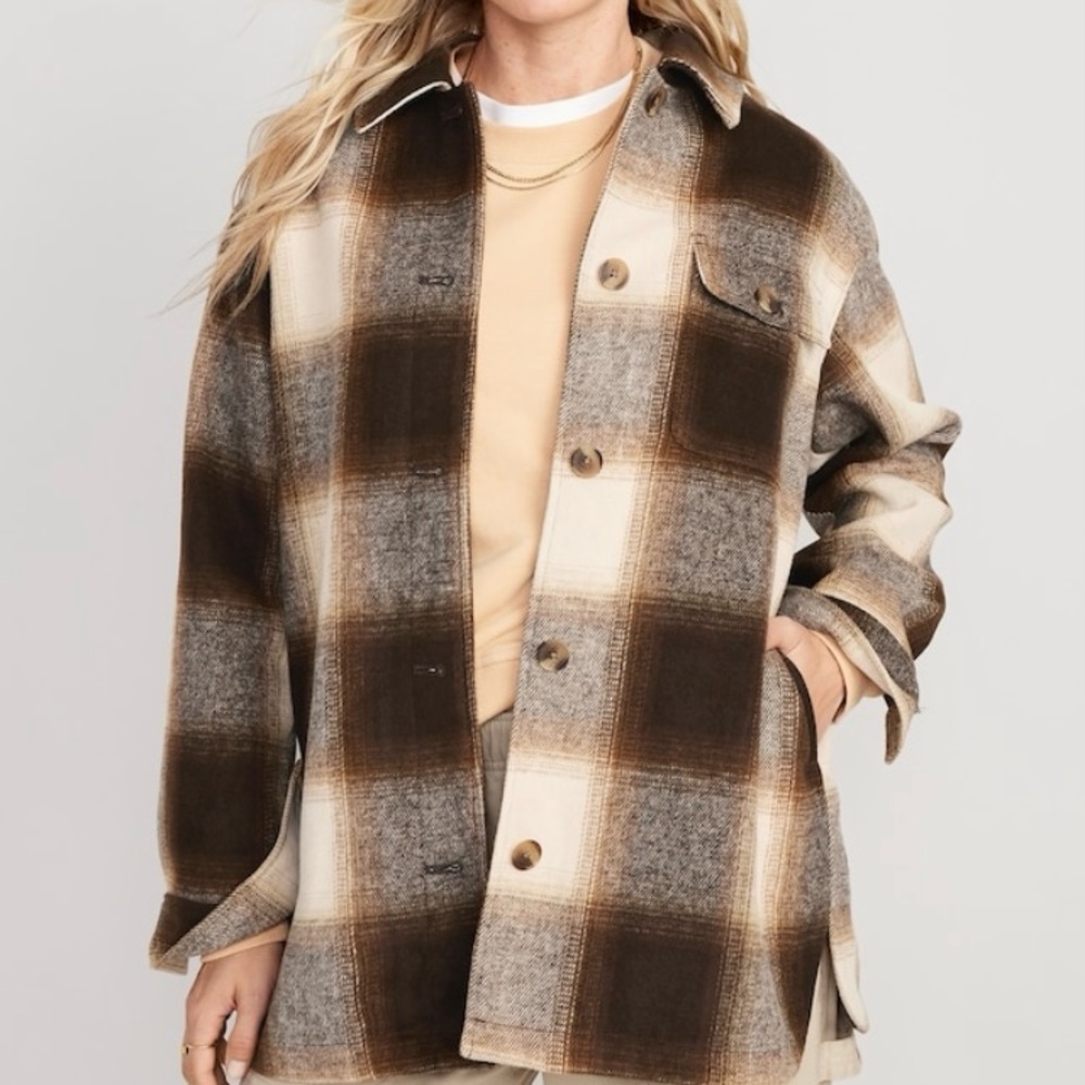 Oversized soft brushed wool shacket old navy brown plaid XL jacket coat